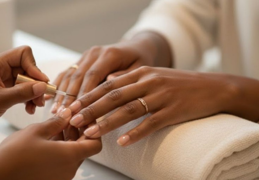 A manicure in progress at The Boarding House Nail Spa